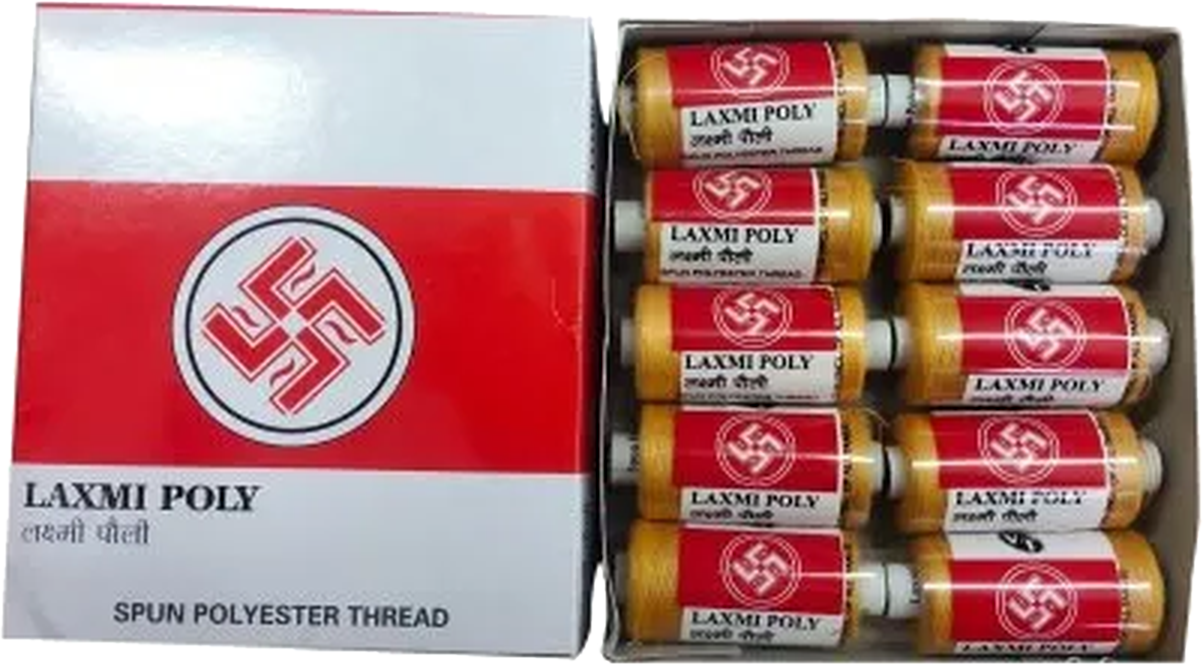 A box of ten Laxmi Poly spun polyester thread reels