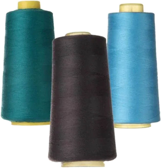 Laxmi Poly spun polyester thread cones in teal, black and sky blue